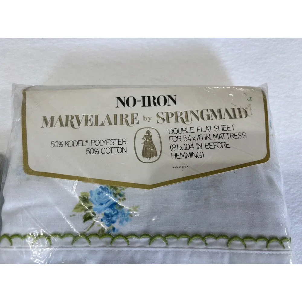 Vintage Springmaid Marvelaire Double Flat Sheet 2 Pillowcases Blue Yellow Rose
